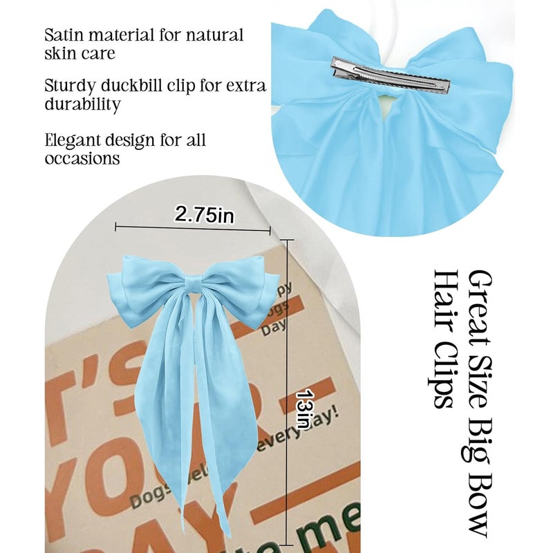 illpta Large Satin Bow Barrettes Clips, Light Blue Bow Hair Clips for Women, Long Ribbon Hair Accessories Gifts for Girls (Light Blue) - Image 2